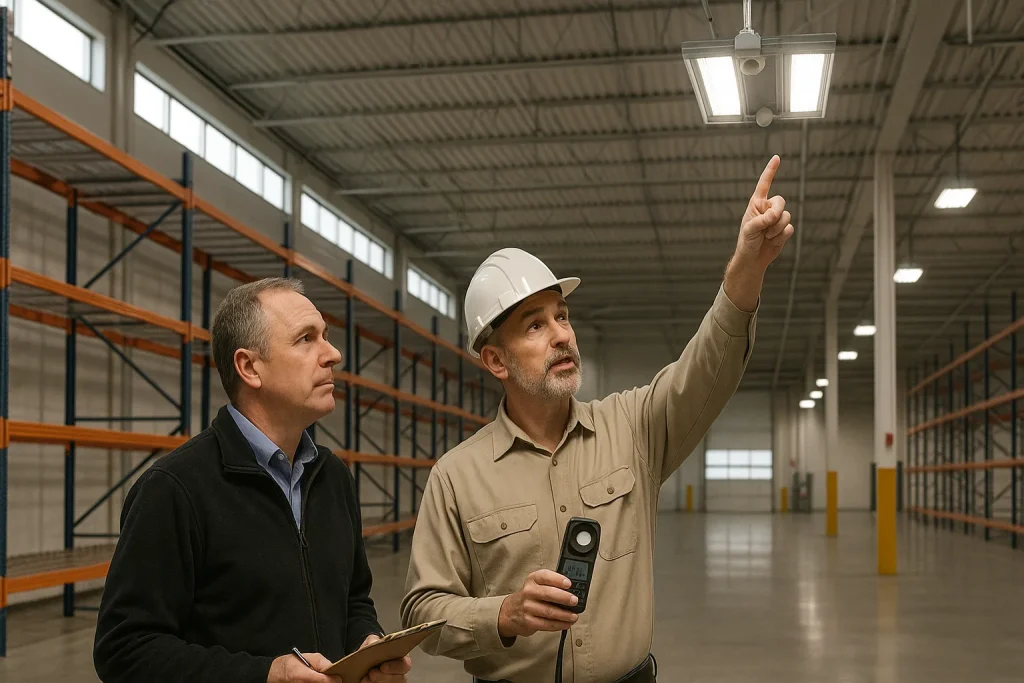 Facility manager planning LED retrofit with electrician and light meter in Illinois warehouse