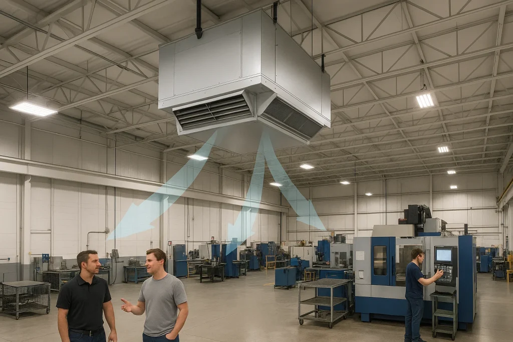 Air Rotation Unit mounted in ceiling of industrial facility, gently circulating warm air to create even temperatures below.