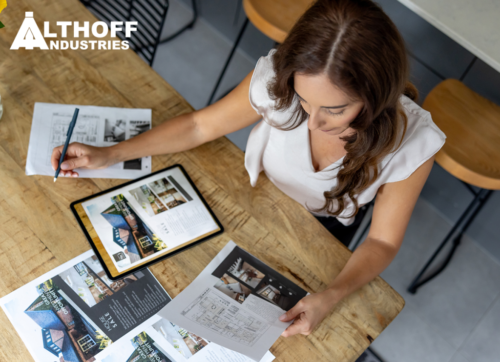 Happy facility manager working at home designing brochures for her properties using a digital tablet and smiling