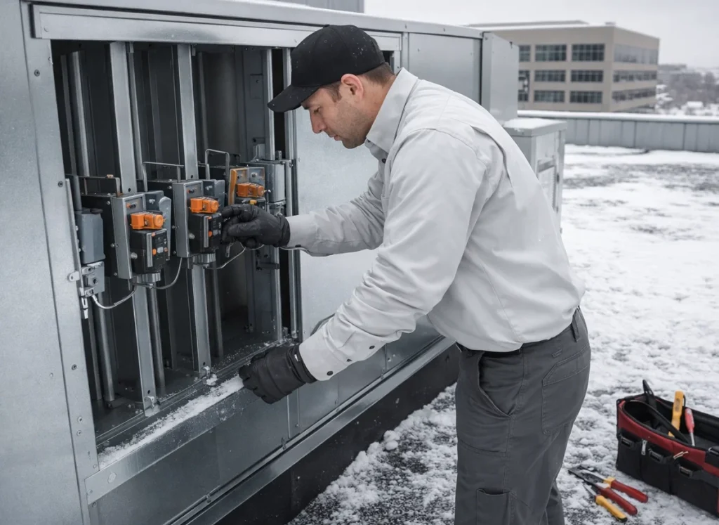 Technician inspects rooftop HVAC unit economizer during winter at commercial facility