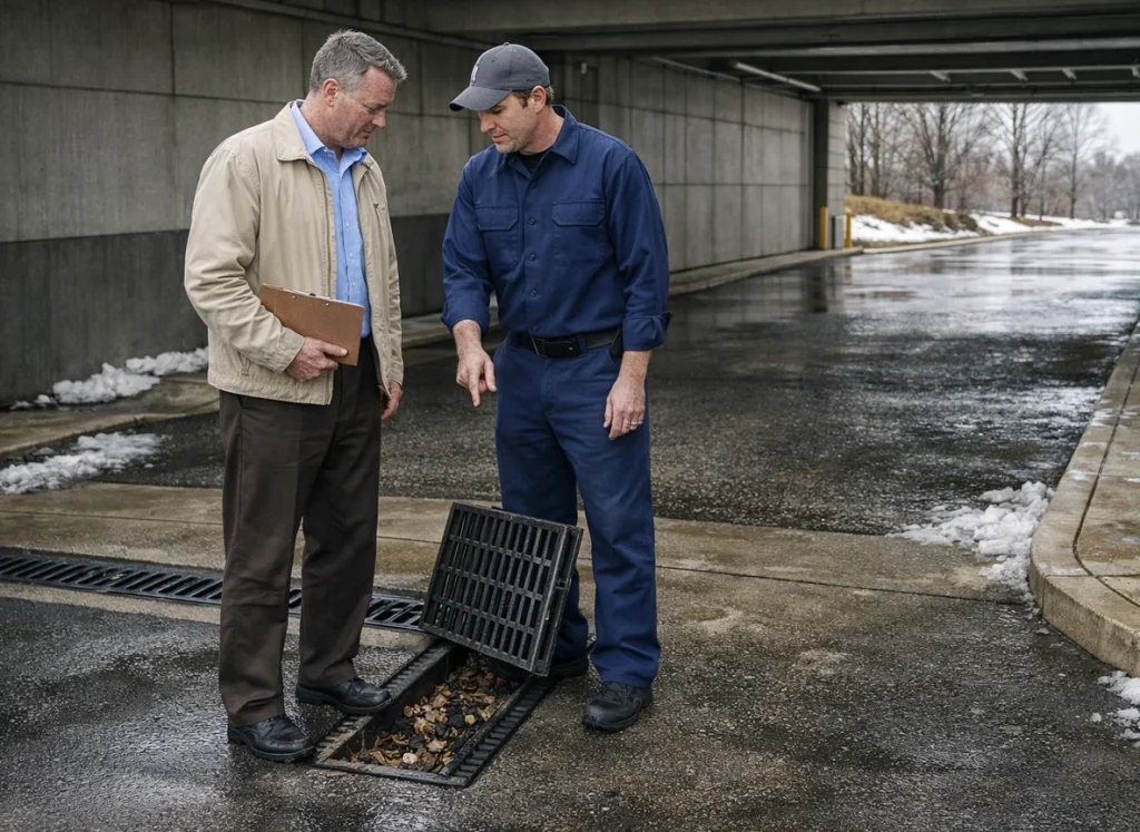 Facility manager and plumber clearing trench drain before Chicago spring melt and rain