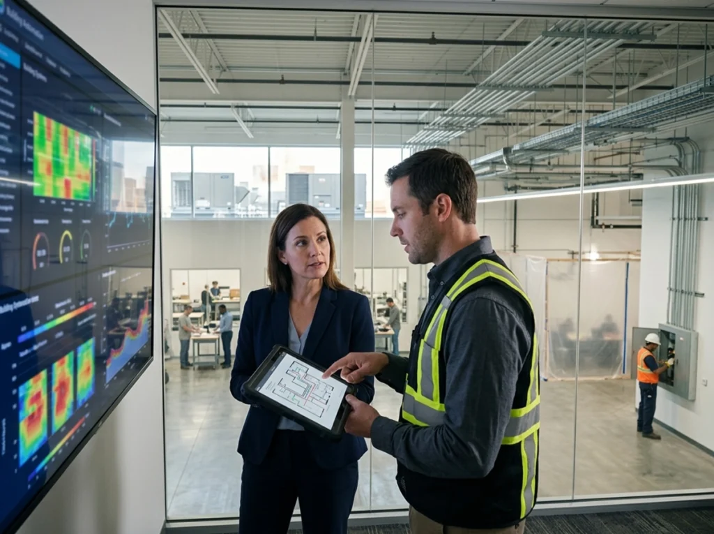 Facility manager monitoring integrated building systems during summer
