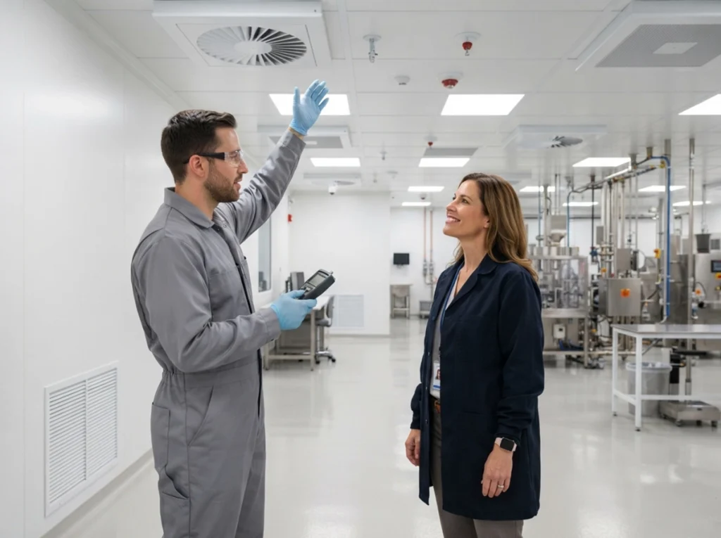 Facility manager reviewing efficient clean room HVAC design