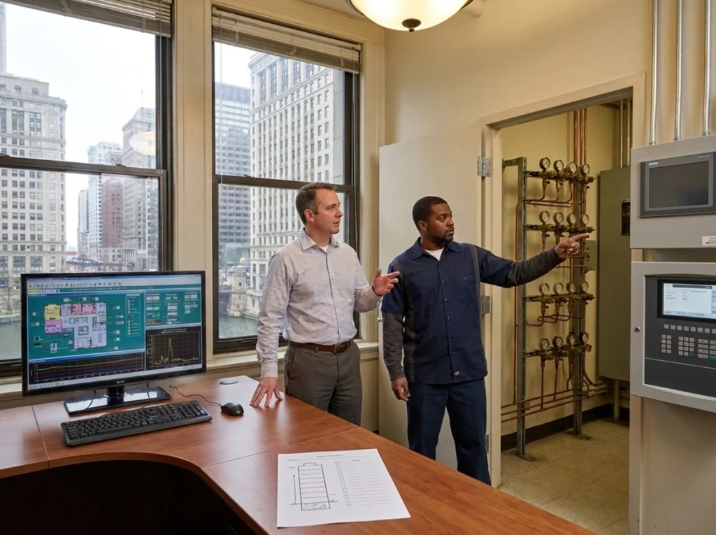 Chicago facility manager reviewing phased building automation modernization
